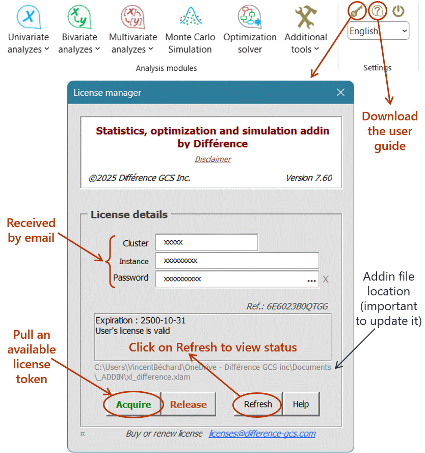 How to activate the license of Difference Excel add-in statistical analysis monte-carlo simulation