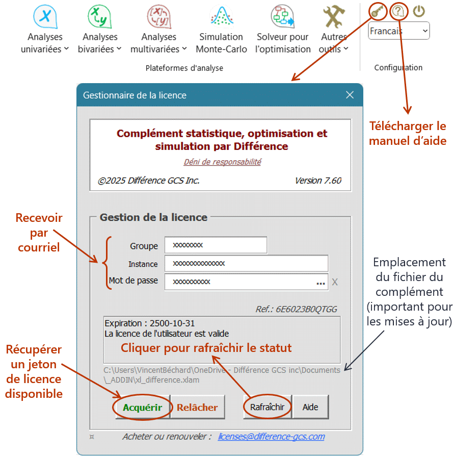 How to activate the license of Difference Excel add-in statistical analysis monte-carlo simulation